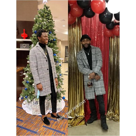 Mens Gray Winter Notched Collar Single Breasted Plaid Mid Long Trench Coat - Picture 4 of 8